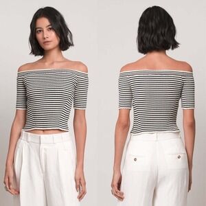 Eleven Six Striped Off Shoulder Knit Sweater Top Navy White Pima Cotton Size S